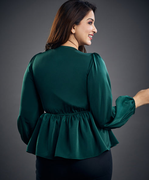 Long Sleeve Vneck Green Satin Top